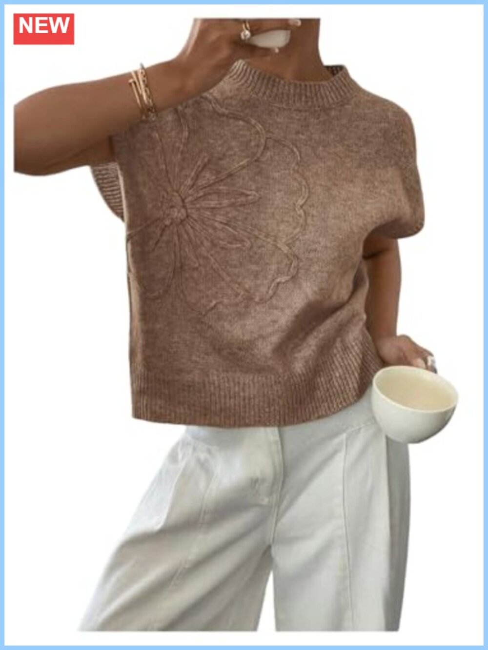 Womens Short Sleeve Sweater 3D Floral Crochet Knit Pullover Top